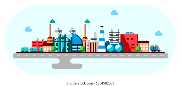 Proceso tecnológico industrial global con concepto de ecología. Ilustración plana de los edificios de fabricación. Industria inteligente de fábrica 4.0 Estilo de caricatura