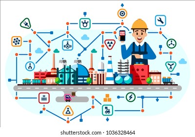 Global industrial factory technology process. Flat style illustration of manufacturing buildings with the engineer holding the phone in his hand. Smart factory with neural network. Industry 4.0 