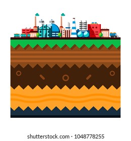 Global industrial factory technology process with ecology concept. Structure of the earth. Flat style illustration of manufacturing buildings. Cartoon layers of the earth. Papercut style