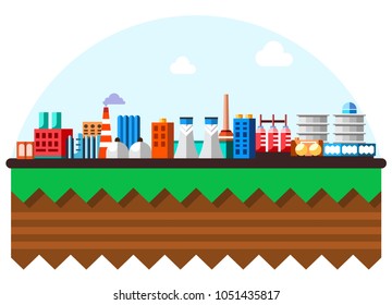 Global industrial factory technology process with ecology concept. Structure of the earth. Flat style illustration of manufacturing buildings. Cartoon layers of the earth. Papercut style