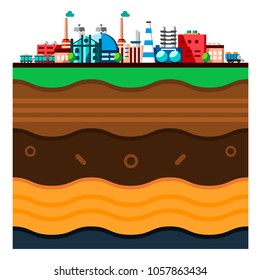 Global industrial technology process with ecology concept. Structure of the earth. Flat style illustration of manufacturing buildings. Cartoon layers of the earth. Papercut style