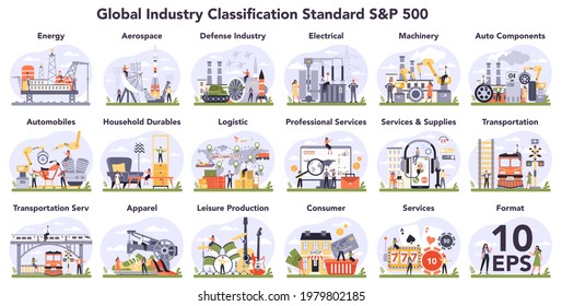 Global industry classification standard set. Financial market categorization by company business activity. Economic comparing and contrasting competing companies. Flat vector illustration