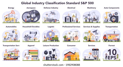 Global industry classification standard set. Financial market categorization by company business activity. Economic comparing and contrasting competing companies. Flat vector illustration