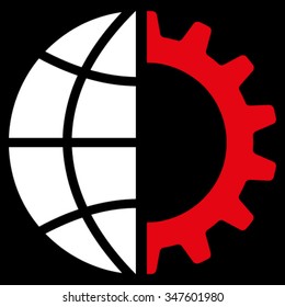 Global Industry vector icon. Style is bicolor flat symbol, red and white colors, rounded angles, black background.