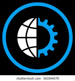 Global Industry vector icon. Style is bicolor flat circled symbol, blue and white colors, rounded angles, black background.
