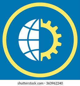 Global Industry vector icon. Style is bicolor flat circled symbol, yellow and white colors, rounded angles, blue background.