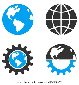 Global Industry vector icons. Style is flat bicolored symbols painted with blue and gray colors on a white background, angles are rounded.