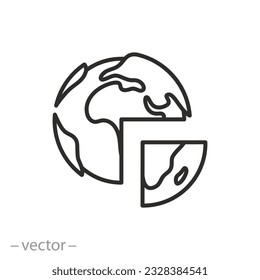 icono de infografía global, gráfico circular mundo dividido, estadísticas mundiales, símbolo de línea delgada - ilustración de vector de trazo editable