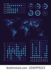 Global information collecting infographic chart design template set for dark theme. Visual data presentation. Editable bar graphs and circular diagrams collection. Myriad Variable Concept font used