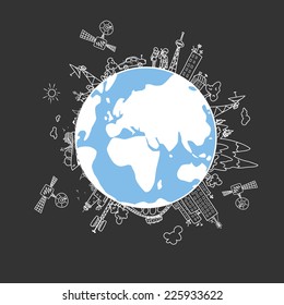 Global information network on the globe, satellites, antennas,  repeaters, vector illustration
