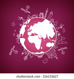 Global information network on the globe, satellites, antennas,  repeaters, vector illustration