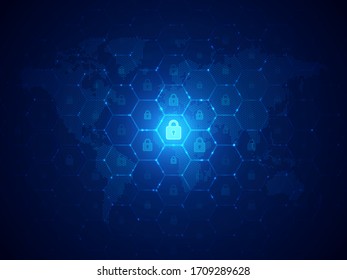 Global information security background. Glowing digital locks on blue hexagon grid on world map. Glowing hexagon grid with sparks on world map for information security background. Vector illustration