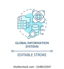 Global information systems turquoise concept icon. Storing and analyzing data abstract idea thin line illustration. Isolated outline drawing. Editable stroke. Arial, Myriad Pro-Bold fonts used