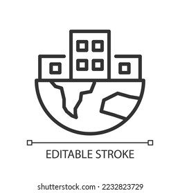 Global infrastructure pixel perfect linear icon. World urbanization process. City buildings. Thin line illustration. Contour symbol. Vector outline drawing. Editable stroke. Arial font used