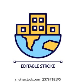 Global infrastructure pixel perfect RGB color icon. World urbanization process. City buildings. Isolated vector illustration. Simple filled line drawing. Editable stroke. Arial font used