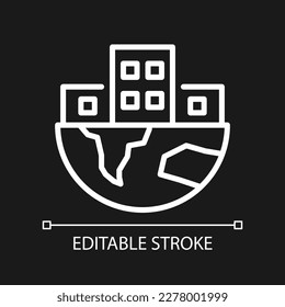 Global infrastructure pixel perfect white linear icon for dark theme. World urbanization process. Thin line illustration. Isolated symbol for night mode. Editable stroke. Arial font used