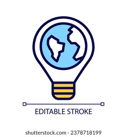 Global innovation pixel perfect RGB color icon. World with lightbulb. Earth globe. Energy sustainability. Isolated vector illustration. Simple filled line drawing. Editable stroke. Arial font used