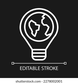 Global innovation pixel perfect white linear icon for dark theme. World with lightbulb. Earth globe. Thin line illustration. Isolated symbol for night mode. Editable stroke. Arial font used