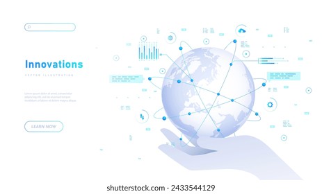 Global innovations white poster. Hand with planet. Global communication and business. Export and import, globaization. Landing webpage design. Neon isometric vector illustration