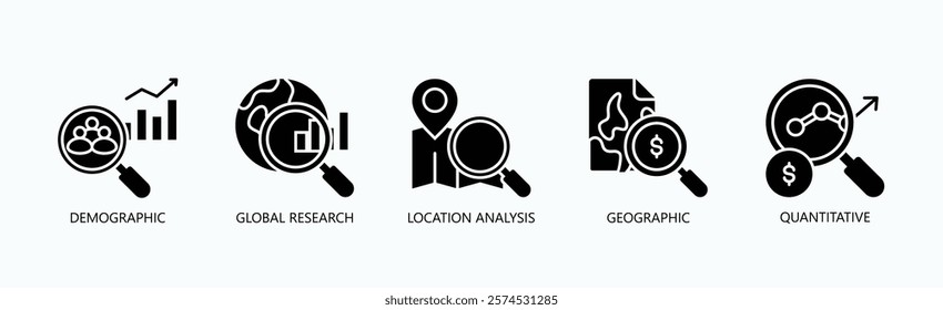 Global Insights Suite Icon Set Isolated Vector With Icon Of Demographic, Global Research, Location Analysis, Geographic, Quantitative In Glyph Style