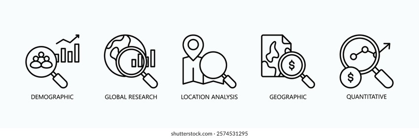 Global Insights Suite Icon Set Isolated Vector With Icon Of Demographic, Global Research, Location Analysis, Geographic, Quantitative In Outline Style