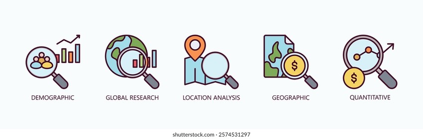 Global Insights Suite Icon Set Isolated Vector With Icon Of Demographic, Global Research, Location Analysis, Geographic, Quantitative In Outline Color Style