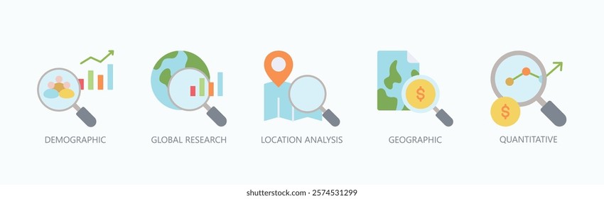 Global Insights Suite Icon Set Isolated Vector With Icon Of Demographic, Global Research, Location Analysis, Geographic, Quantitative In Flat Style