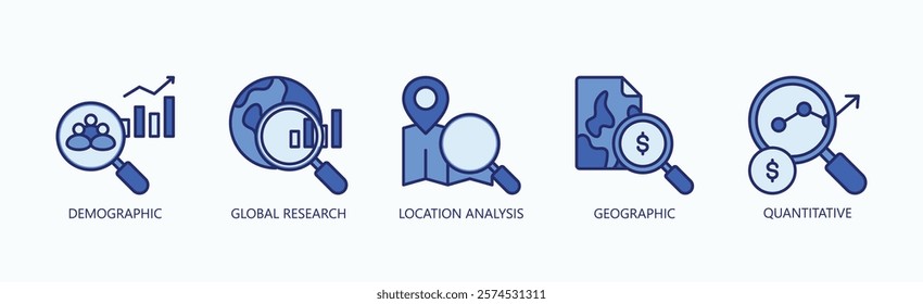 Global Insights Suite Icon Set Isolated Vector With Icon Of Demographic, Global Research, Location Analysis, Geographic, Quantitative In Blue Style