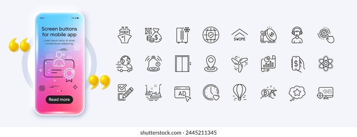Global insurance, Air balloon and Chemistry atom line icons for web app. Phone mockup gradient screen. Pack of Reminder, Refrigerator, Delivery service pictogram icons. Vector