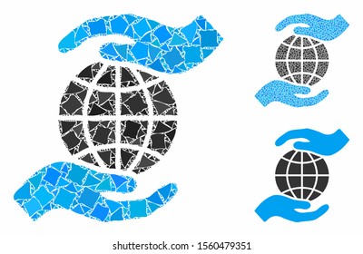 Global insurance composition of rough pieces in variable sizes and shades, based on global insurance icon. Vector uneven pieces are grouped into composition.