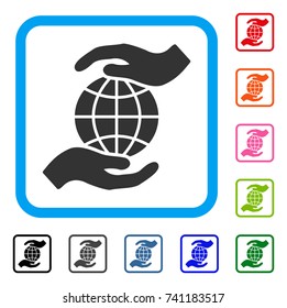 Global Insurance icon. Flat gray iconic symbol inside a light blue rounded frame. Black, gray, green, blue, red, orange color additional versions of Global Insurance vector.