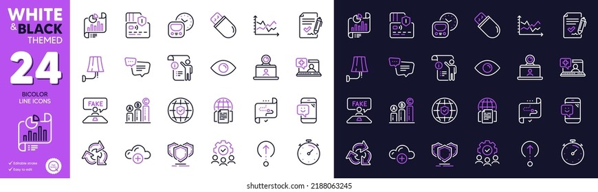 Global insurance, Text message and Smile line icons for website, printing. Collection of Wall lamp, Shields, Internet documents icons. Card, Usb stick, Graph chart web elements. Vector