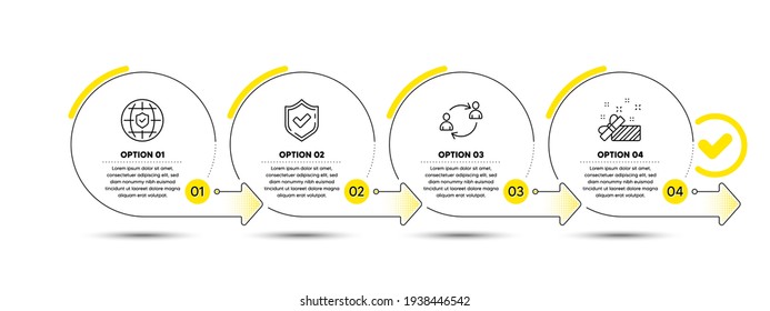 Global insurance, User communication and Confirmed icons set. Present sign. Vector