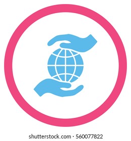 Global Insurance vector bicolor rounded icon. Image style is a flat icon symbol inside a circle, pink and blue colors, white background.