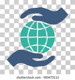 Global Insurance vector icon. Illustration style is flat iconic bicolor cobalt and cyan symbol on a transparent background.