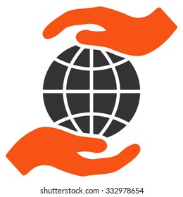 Global Insurance vector icon. Style is bicolor flat symbol, orange and gray colors, rounded angles, white background.