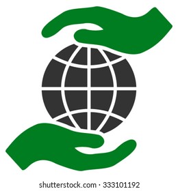 Global Insurance vector icon. Style is bicolor flat symbol, green and gray colors, rounded angles, white background.