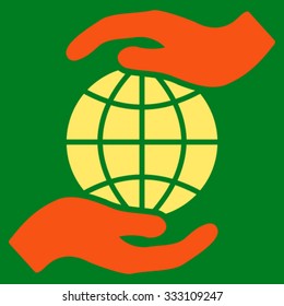 Global Insurance vector icon. Style is bicolor flat symbol, orange and yellow colors, rounded angles, green background.