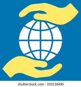 Global Insurance vector icon. Style is bicolor flat symbol, yellow and white colors, rounded angles, blue background.