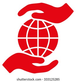 Global Insurance vector icon. Style is flat symbol, red color, rounded angles, white background.