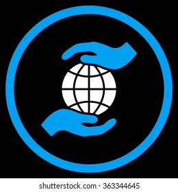 Global Insurance vector icon. Style is bicolor flat circled symbol, blue and white colors, rounded angles, black background.