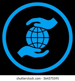 Global Insurance vector icon. Style is flat circled symbol, blue color, rounded angles, black background.