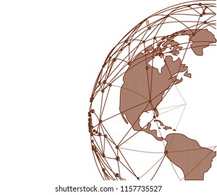 Global international blockchain cryptocurrency. Brown planet space low poly modern future technology finance banking design. Polygonal triangle web security payment business vector illustration