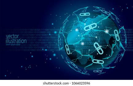 Global international blockchain cryptocurrency. Planet space low poly modern future technology finance banking design. Polygonal polygon triangle chain. Web security business vector illustration art