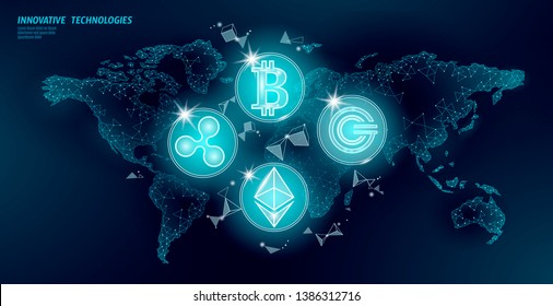 Global international blockchain cryptocurrency. World map low poly modern future finance banking design. Polygonal triangle bitcoin ethereum ripple GCC business vector illustration