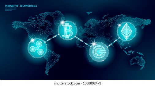 Global international blockchain cryptocurrency. World map low poly modern future finance banking design. Polygonal triangle bitcoin ethereum ripple GCC business vector illustration