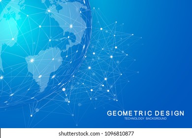 Global international blockchain with World map. Modern future planet space low poly modern future technology finance banking design. Abstract polygonal background with connected lines and dots