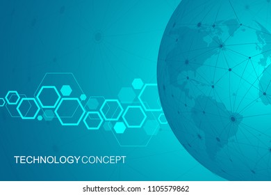 Global international blockchain with World map. Modern future planet space low poly modern future technology finance banking design. Abstract polygonal background with connected lines and dots