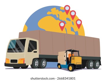 Ilustración vectorial global de dibujos animados de logística internacional. Camión de la carga de la entrega, carretilla elevadora del almacén sobre el planeta de la tierra con el perno de la ubicación del lugar. Ruta rápida para el envío de mercancías y la distribución de mercancías