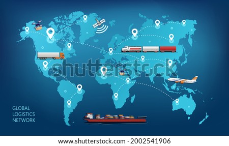 Global international logistics network..Concept of international freight traffic on the world map. Rail, ship, road and air freight. Vector illustration